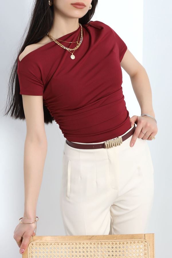 Asimetrik Yaka Bluz Bordo - 30227.1892.
