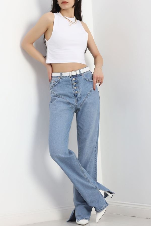 Mom Jeans Paça Yırtmaçlı Kot Pantolon Açıkmavi - 19651.1926.