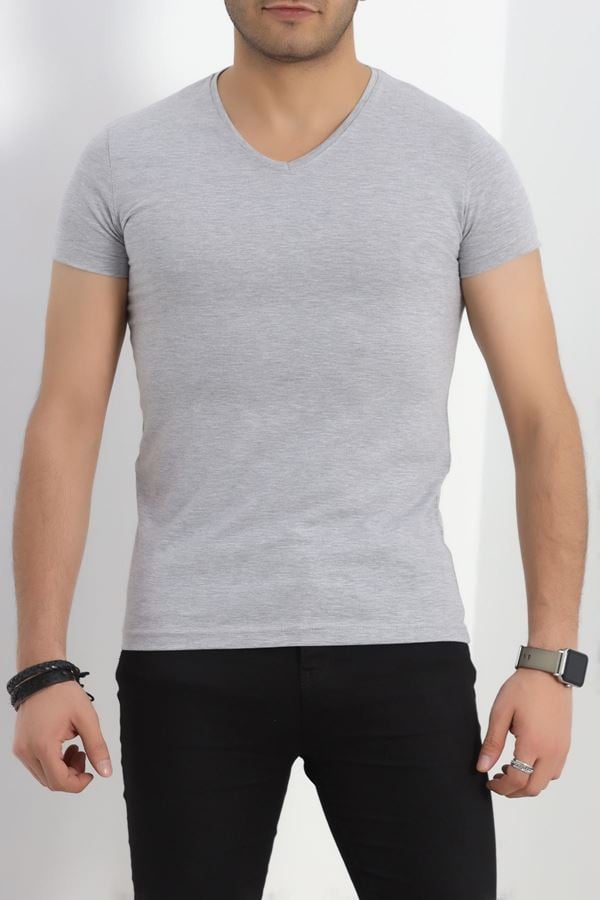 Erkek Slim Fit Kısa Kol V Yaka Body Gri - 19956.200.
