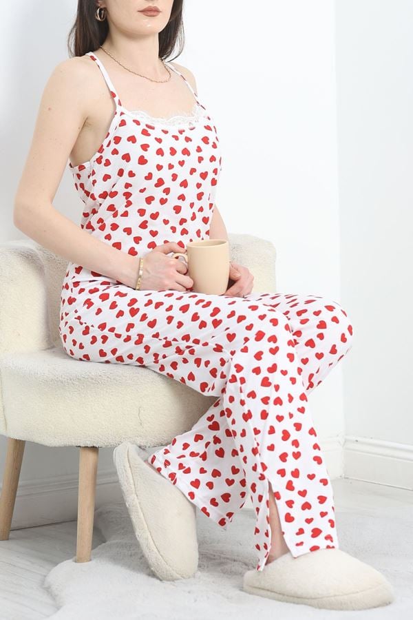 Yaka Dantelli Süprem Pijama Takımı Beyazkırmızı - 50192.1857.