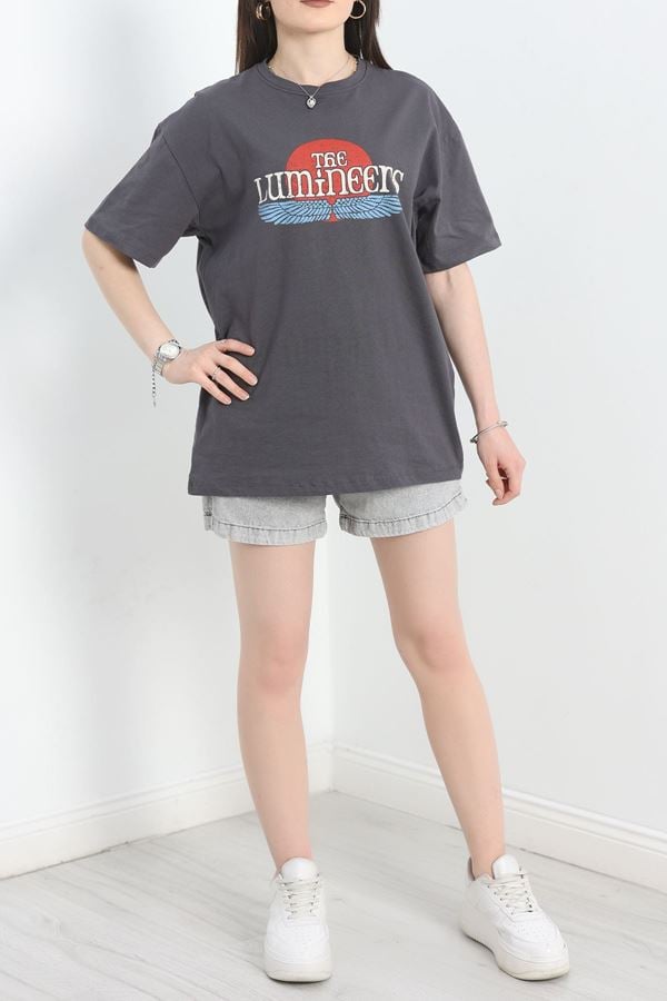 Baskılı Oversize Tişört Antrasitkırmızı - 40637.1872.