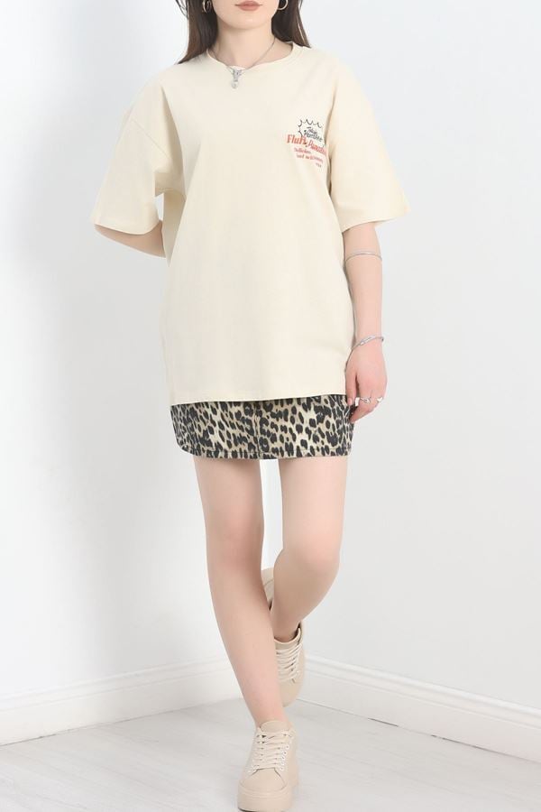Baskılı Oversize Tişört Bejkırmızı - 40649.1872.
