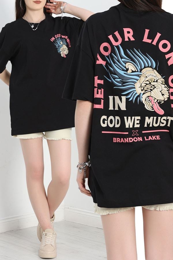 Baskılı Oversize Tişört Siyahturkuaz - 40637.1872.