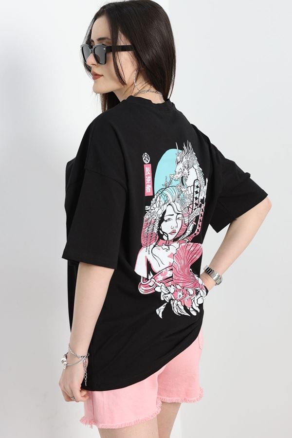 Baskılı Oversize Tişört Siyahpembe1 - 40637.1872.