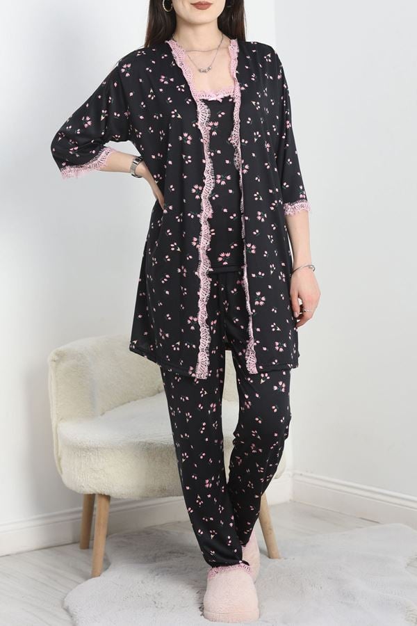 Milan Kumaş Üçlü Pijama Takımı Siyahçiçekli - 50147.1857.