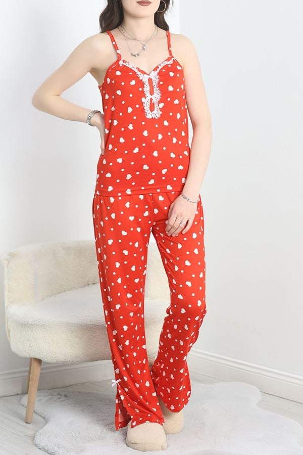 Milan Kumaş Paçası Yırtmaçlı Pijama Takımı Kırmızıkalp - 50146.1857.