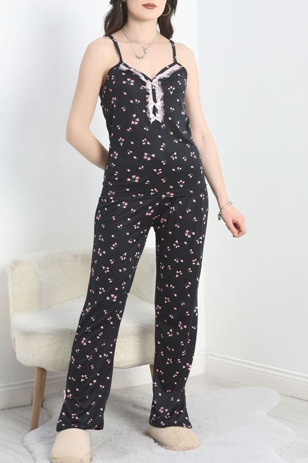Milan Kumaş Paçası Yırtmaçlı Pijama Takımı Siyahçiçekli - 50146.1857.