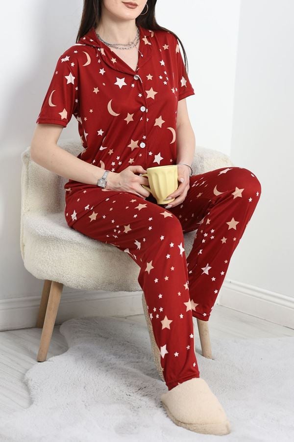 Milan Kumaş Düğmeli Pijama Takımı Bordoay - 50145.1857.