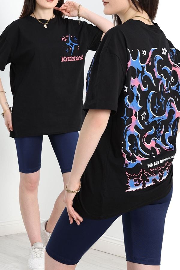 Baskılı Oversize Tişört Siyahmavi - 40649.1872.