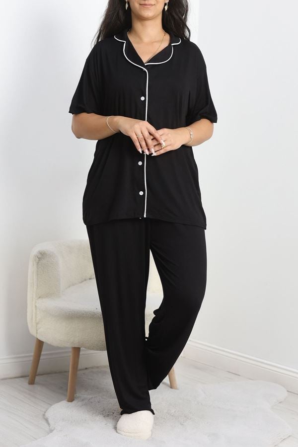 Modal Büyük Beden Düğmeli Pijama Takımı Siyah - 745.1287.