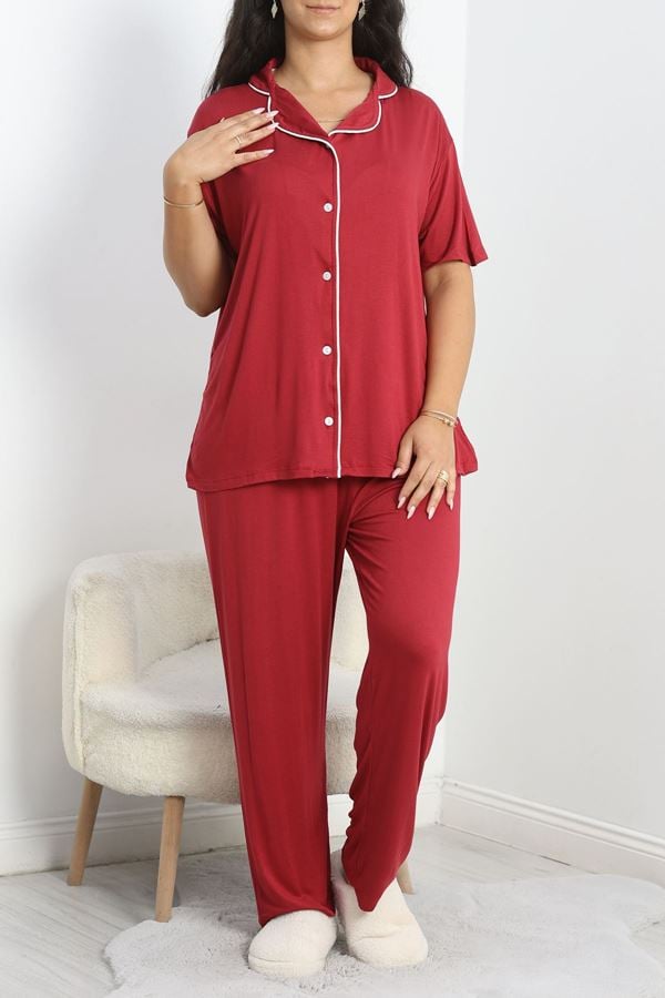 Modal Büyük Beden Düğmeli Pijama Takımı Bordo - 745.1287.