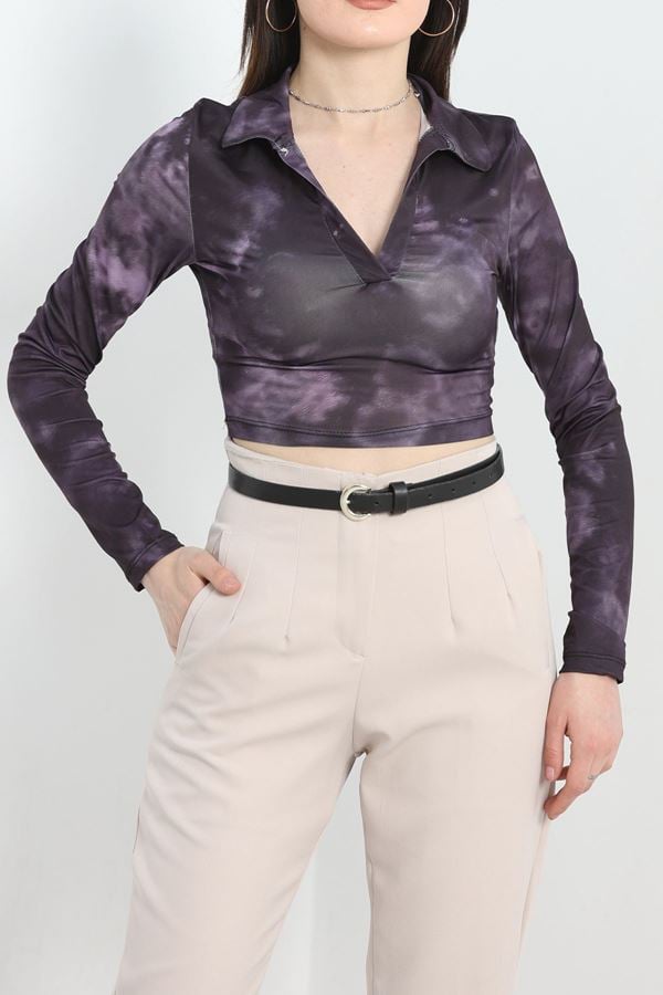 Alaca Desen Crop Bluz Patlıcanmor - 1407.2031.