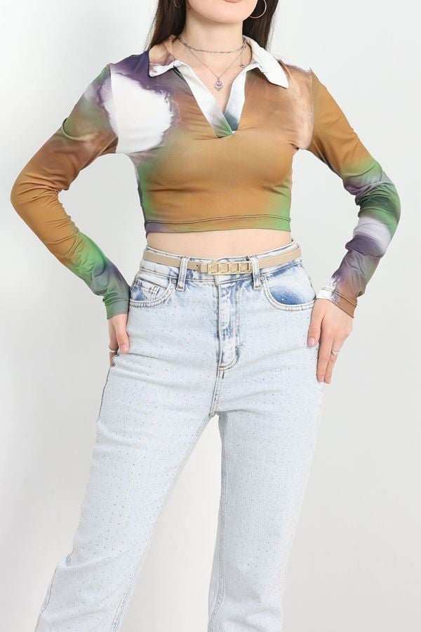 Alaca Desen Crop Bluz Yeşilmor - 1407.2031.