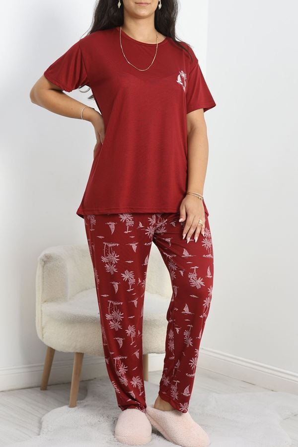 Büyük Beden Poliviskon Pijama Takımı Bordobeyaz - 50161.1048.