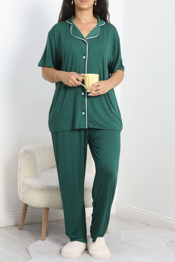 Modal Büyük Beden Düğmeli Pijama Takımı Zümrüt - 745.1287.