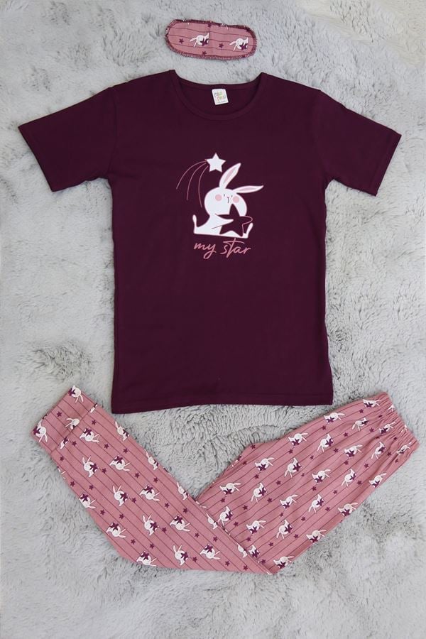 13-16 Yaş Göz Bantlı Penye Çocuk Pijama Takımı Mürdüm - 50620.1951.