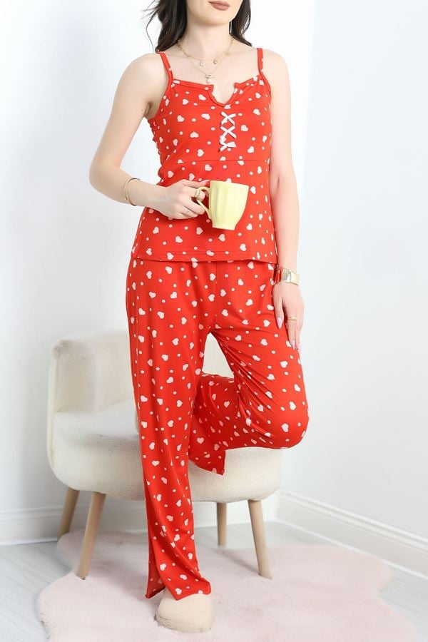 Milan Kumaş Fiyonklu Pijama Takım Kırmızıbeyaz - 50599.1857.