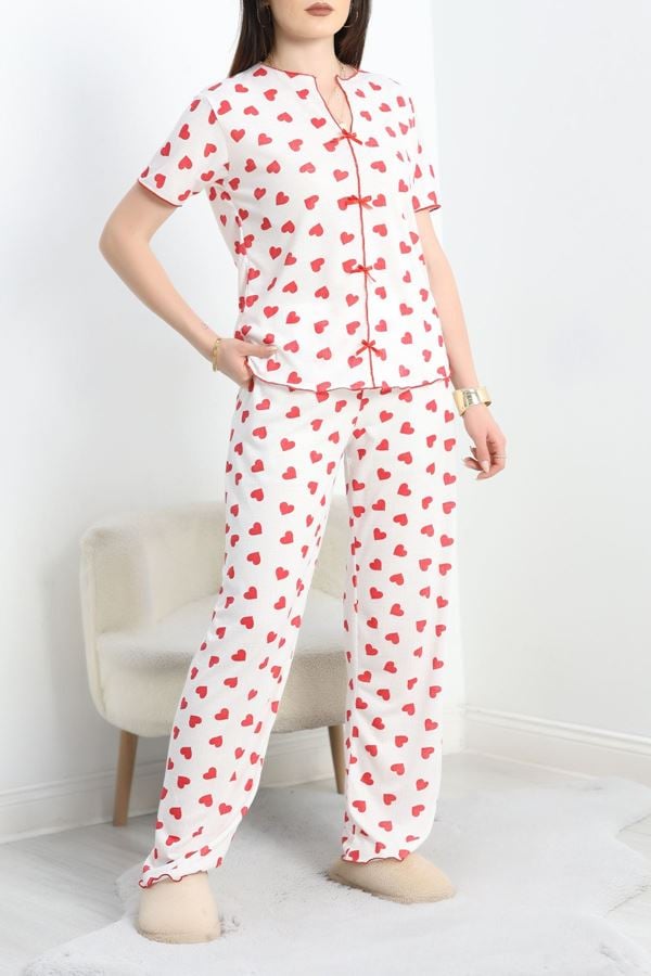 Alaçatı Stili Kurdela Detaylı Pijama Takım Beyazkırmızı - 50523.1952.