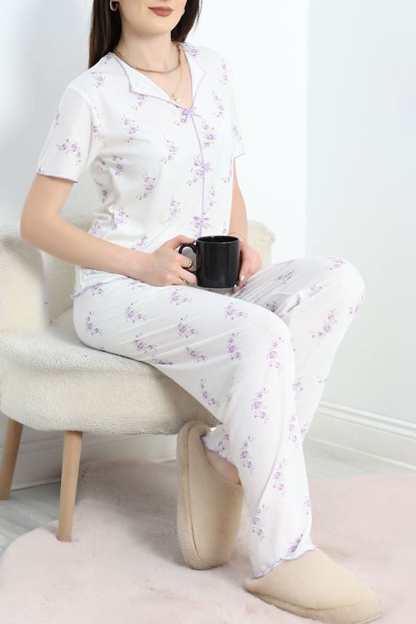 Alaçatı Stili Kurdela Detaylı Pijama Takım Beyazlila - 50523.1952.