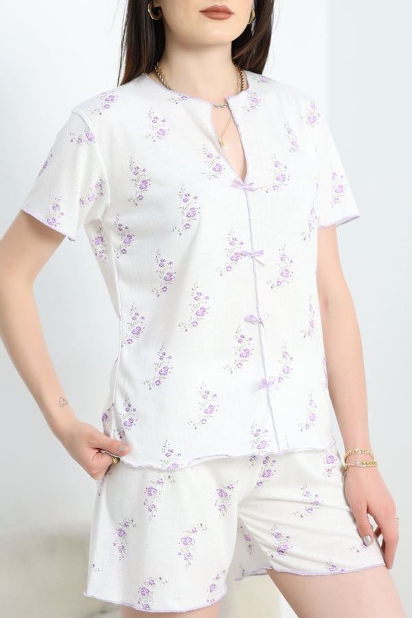 Alaçatı Şortlu Pijama Takımı Lilabeyaz - 50681.1952.