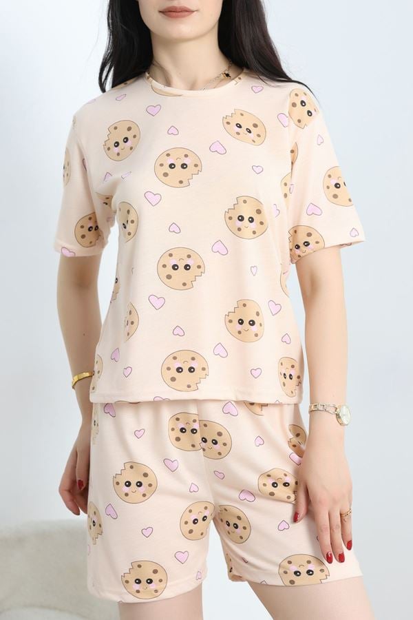 Alt Üst Aynı Viskon Şortlu Pijama Takımı Pudra - 50700.1961.