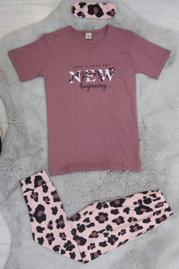 13-16 Yaş Göz Bantlı Penye Çocuk Pijama Takımı Gülkurusu - 50620.1951.