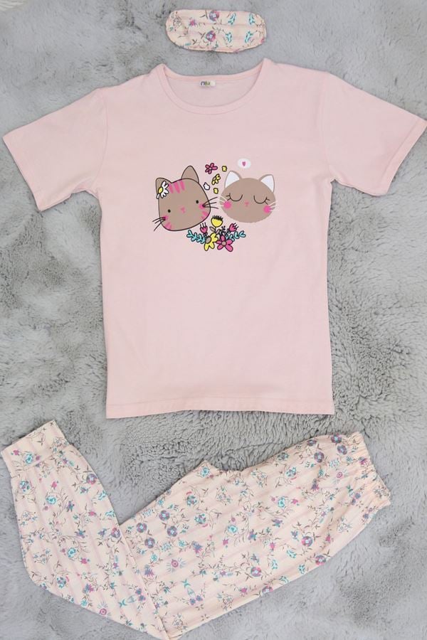 10-13 Yaş Göz Bantlı Penye Çocuk Pijama Takımı Pudra - 42025.1951.