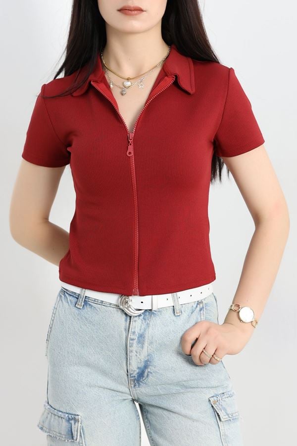 Açma Yaka Fermuarlı Bluz Bordo - 25016.1019.