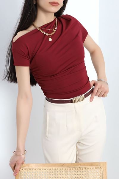Asimetrik Yaka Bluz Bordo - 30227.1892.