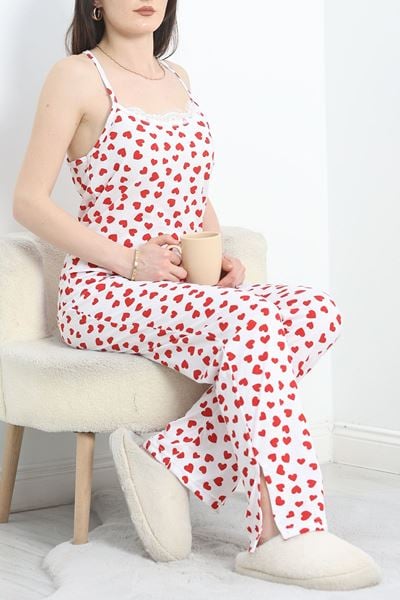 Yaka Dantelli Süprem Pijama Takımı Beyazkırmızı - 50192.1857.