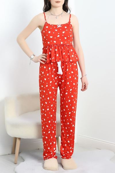 Milan Kumaş Fırfırlı Pijama Takımı Kırmızıkalp - 50182.1857.