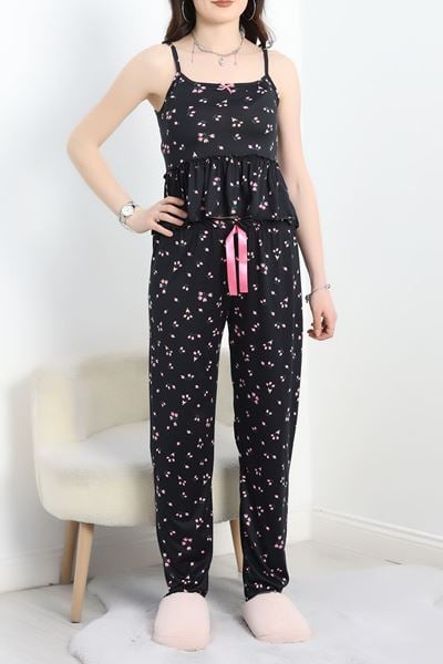 Milan Kumaş Fırfırlı Pijama Takımı Siyahçiçekli - 50182.1857.