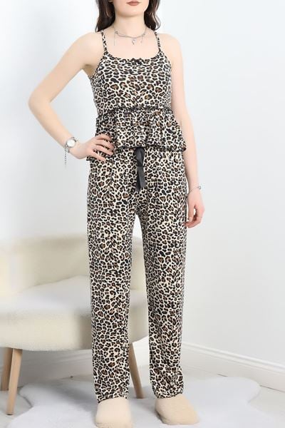 Milan Kumaş Fırfırlı Pijama Takımı Bejleopar - 50182.1857.