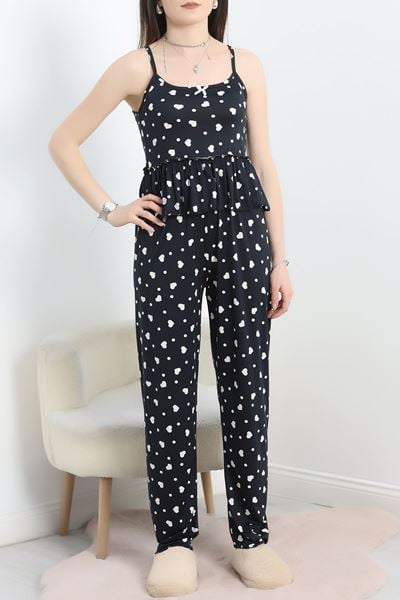 Milan Kumaş Fırfırlı Pijama Takımı Siyahkalp - 50182.1857.