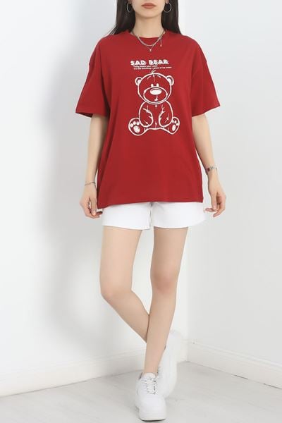 Baskılı Oversize Tişört Bordo - 40637.1872.