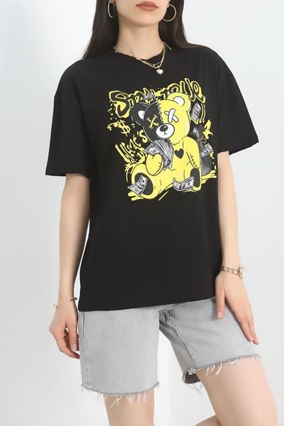 Baskılı Oversize Tişört Siyahsarı - 40649.1872.
