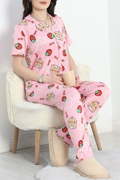 Milan Kumaş Düğmeli Pijama Takımı Pembeçilek - 50145.1857.