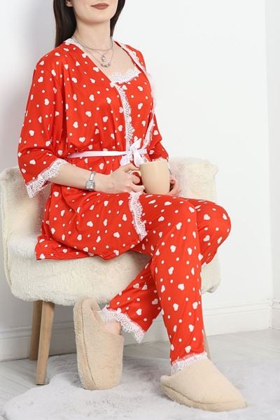 Milan Kumaş Üçlü Pijama Takımı Kırmızıkalp - 50147.1857.