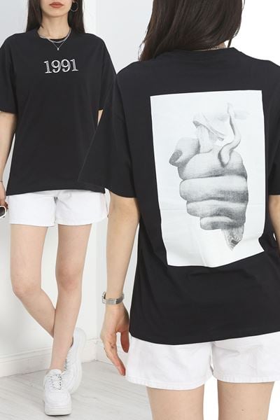 Baskılı Oversize Tişört Siyahgri1 - 40649.1872.