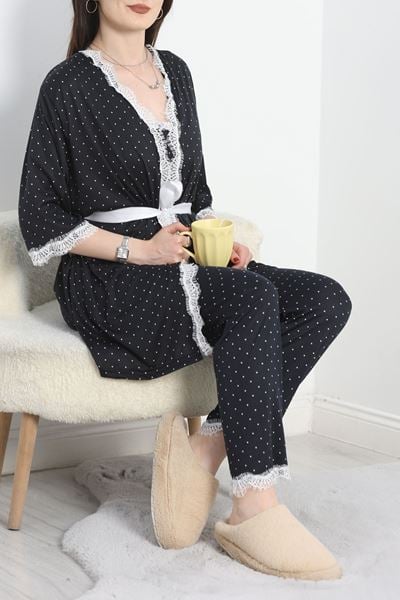 Milan Kumaş Üçlü Pijama Takımı Siyahpuantiye - 50147.1857.