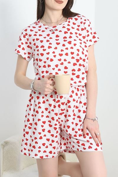 Alt Üst Aynı Şortlu Pijama Takımı Beyazkırmızı - 40751.1857.