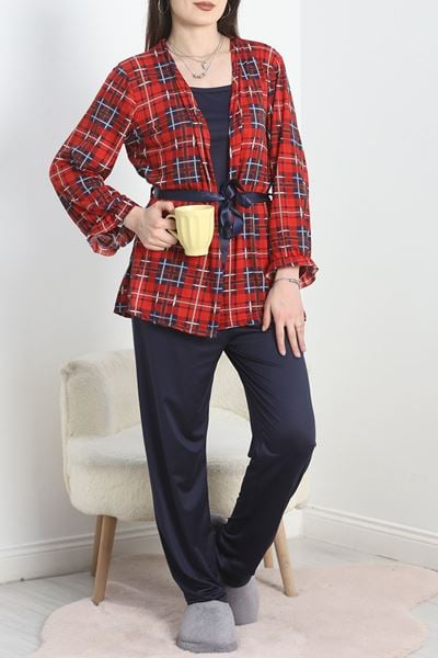Milan Kumaş 3'Lü Set Pijama Takımı Lacikırmızı - 70103.1857.