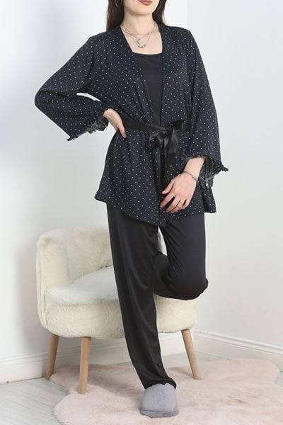 Milan Kumaş 3'Lü Set Pijama Takımı Siyahbeyaz - 70103.1857.
