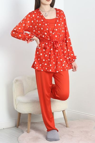 Milan Kumaş 3'Lü Set Pijama Takımı Kırmızıkalpli - 70103.1857.