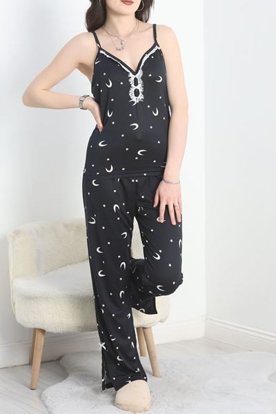 Milan Kumaş Paçası Yırtmaçlı Pijama Takımı Siyahay - 50146.1857.