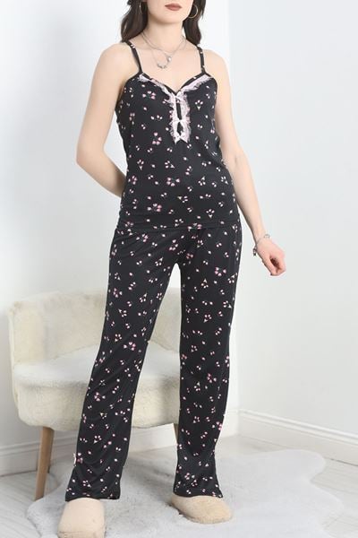 Milan Kumaş Paçası Yırtmaçlı Pijama Takımı Siyahçiçekli - 50146.1857.