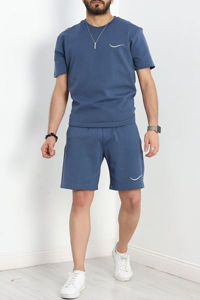 Double Face Özel Kumaş Oversize Erkek Şortlu Takım İndigo - 80900.1878.