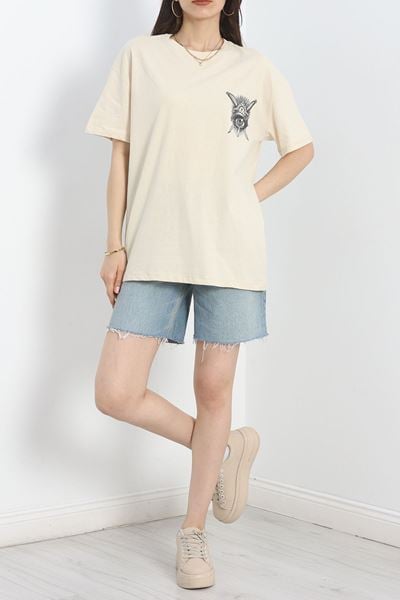 Baskılı Oversize Tişört Bejsiyah1 - 40637.1872.