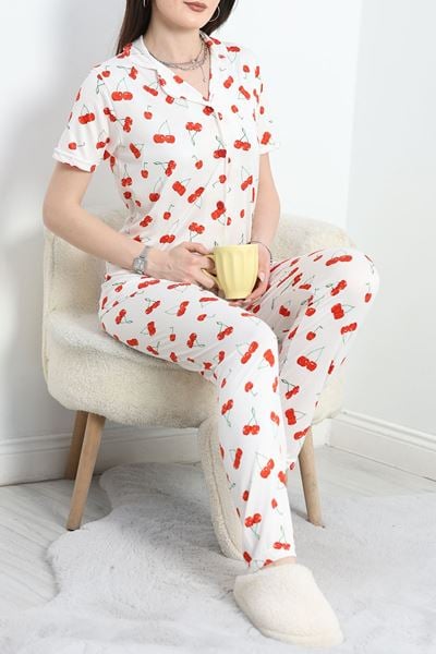Milan Kumaş Düğmeli Pijama Takımı Beyazkiraz - 50145.1857.