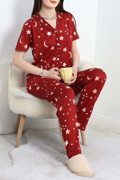 Milan Kumaş Düğmeli Pijama Takımı Bordoay - 50145.1857.